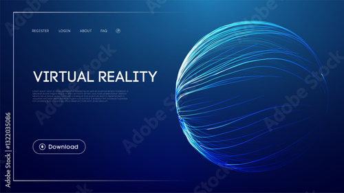Virtual reality technology with abstract glowing sphere, futuristic blue background, immersive digital experience, 3D simulation concept, and modern UI design for innovation and entertainment