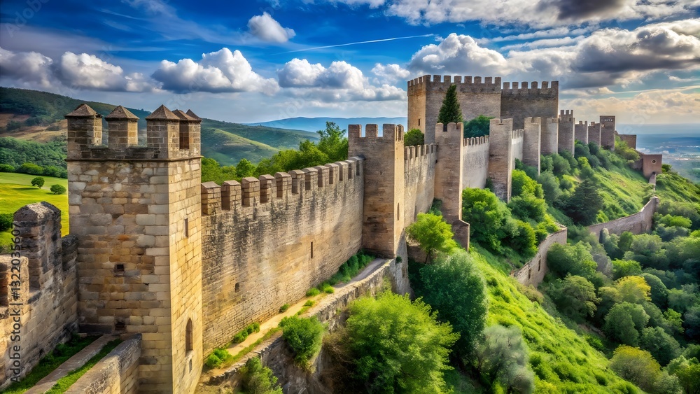 Obraz premium Medieval Fortress Hilltop Aerial View
