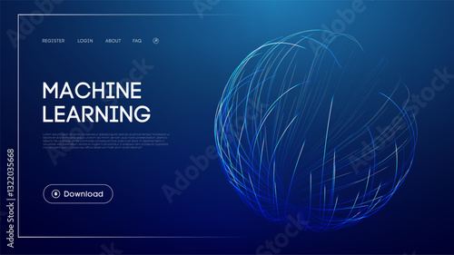 Machine learning technology with abstract glowing sphere, futuristic blue background, artificial intelligence visualization, data analysis concept, and modern UI design for innovation and automation