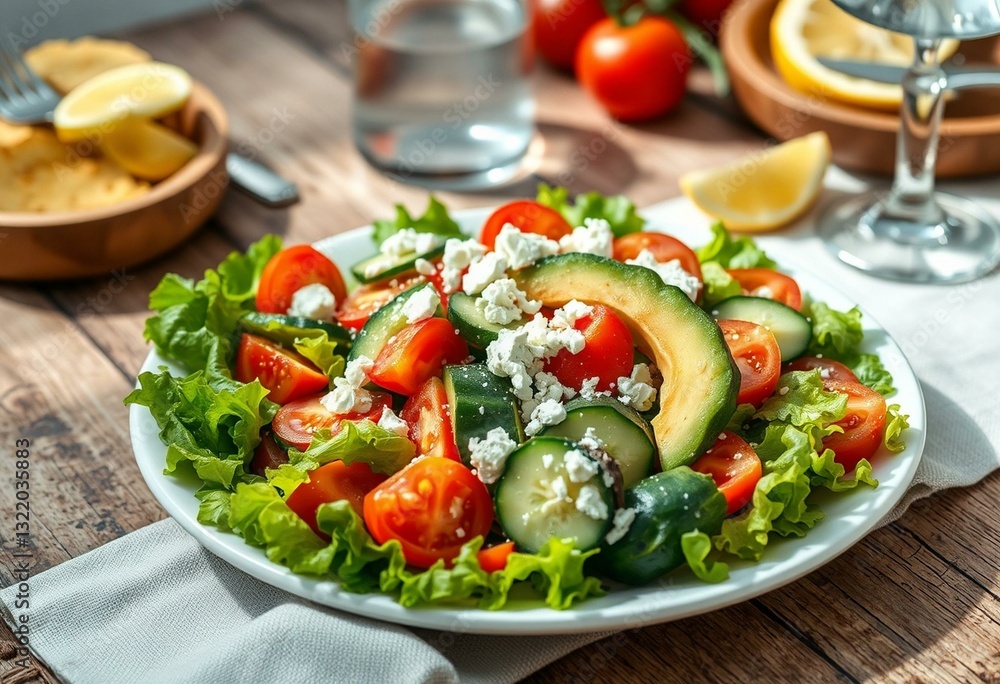 Fresh salad with lettuce, tomatoes, cucumbers, avocado, and feta cheese Fresh salad with lettuce, tomatoes, cucumbers, avocado, and feta cheese
