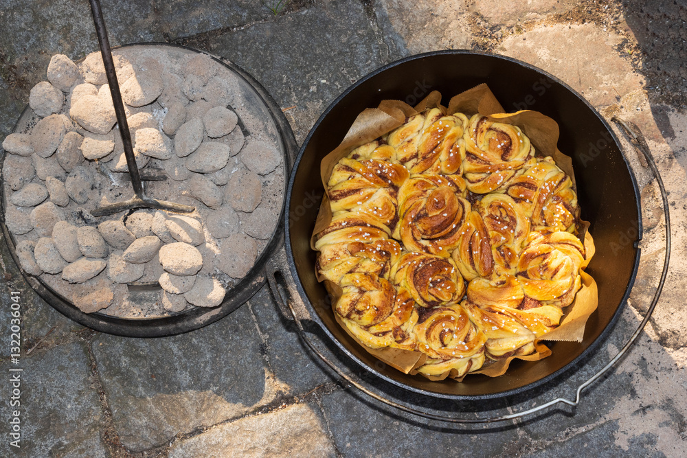 Schwedische Zimtschnecken rezept, Dutchoven mit Briketts auf dem Deckel für Oberhitze