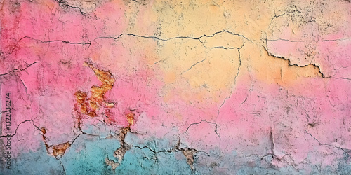 Textured wall with cracks and peeling paint in vibrant pastel tones of pink, yellow, and blue. A unique abstract background for design, art, and creative projects.
