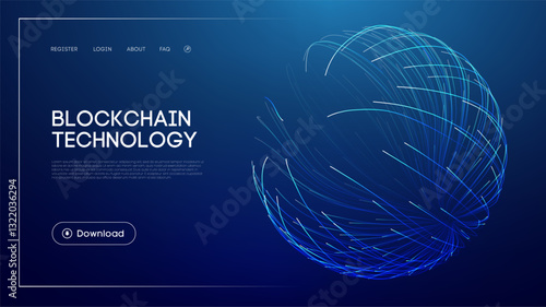 Blockchain technology concept with abstract glowing sphere, futuristic blue background, digital network visualization, decentralized finance, and modern UI design for innovation and security
