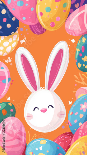 Easter greeting card background with cute bunny and colorful easter eggs. Vector illustration, easter day advertising.