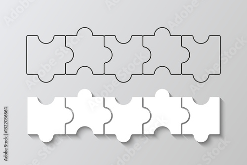 Jigsaw business chain infographic in a row, filled and outline. Business info graphic with 7 steps. Puzzle infographics grid. Process diagram presentation pieces, parts in a row. Vector illustration