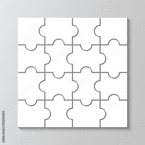 Square puzzle pieces grid. Jigsaw cutting template with 16 details. Mosaic silhouette. Scheme of thinking game. Modern background with separate shapes. Simple frame tiles. Vector