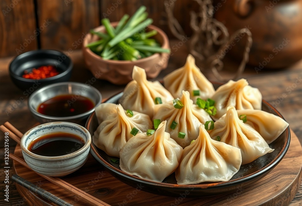 Pan-fried dumplings with scallions and dipping sauces Pan-fried dumplings with scallions and dipping sauces