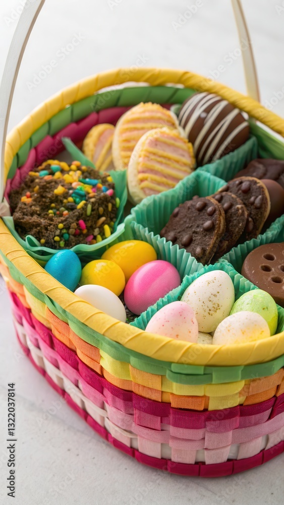 Fototapeta premium Assorted Easter Candies Arranged in a Colorful Basket for Festive Celebrations Generative AI