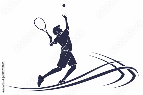 A tennis player serving the ball silhouette on white background 