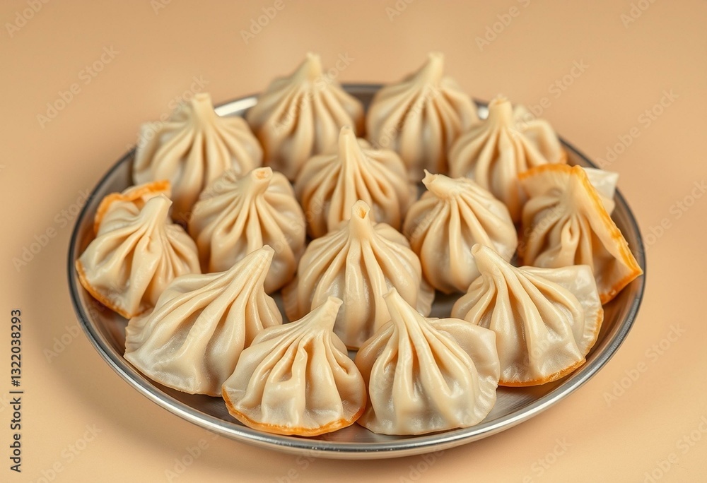Steaming plate of assorted dumplings with golden glow Steaming plate of assorted dumplings with golden glow