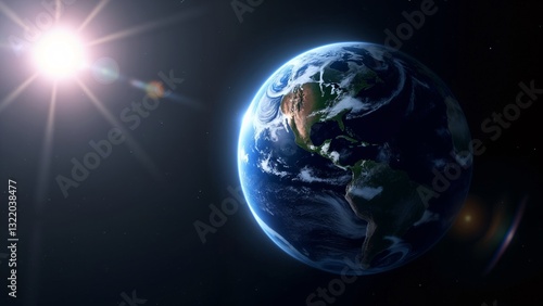A view of the earth from space with a bright sun in the background.