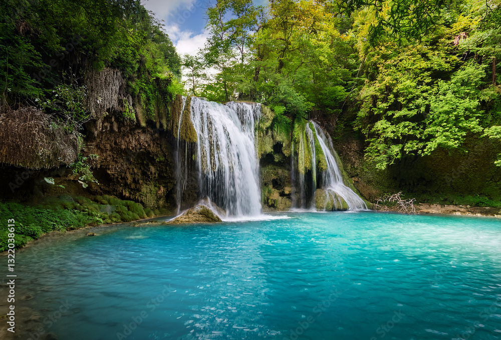 Naklejka premium Nature’s masterpiece: a serene forest embracing a mesmerizing azure waterfall, where tranquility meets breathtaking beauty