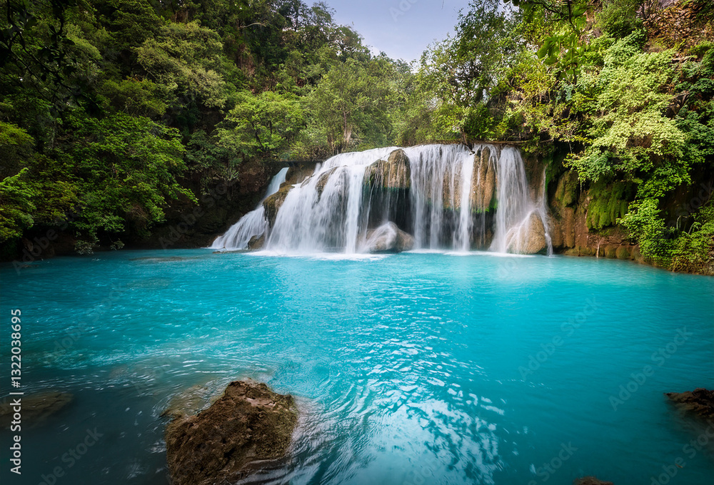 Nature’s masterpiece: a serene forest embracing a mesmerizing azure waterfall, where tranquility meets breathtaking beauty Nature’s masterpiece: a serene forest embracing a mesmerizing azure waterfall, where tranquility meets breathtaking beauty
