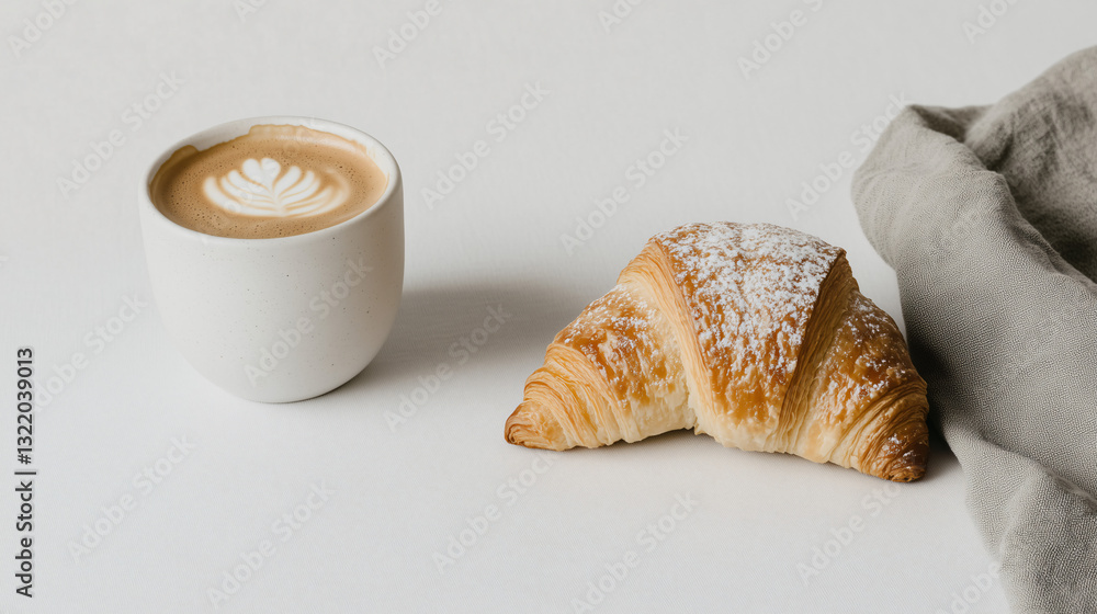 Morning Delight: A close-up studio shot of a cappuccino, expertly adorned with latte art, alongside a freshly baked croissant dusted with powdered sugar, promising a delightful breakfast experience. Morning Delight: A close-up studio shot of a cappuccino, expertly adorned with latte art, alongside a freshly baked croissant dusted with powdered sugar, promising a delightful breakfast experience.