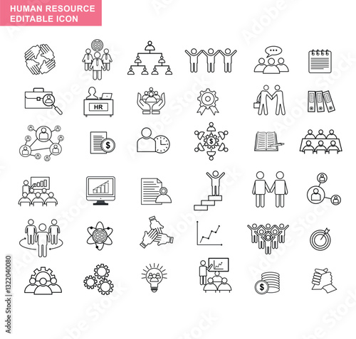 Human resource icon set . Editable vector thin lined illustration. 