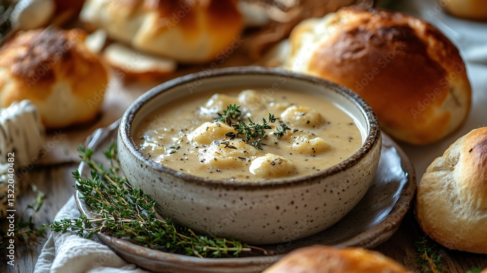A homey Thanksgiving dinner table, featuring a warm bowl of turkey gravy with hints of sage and thyme, surrounded by fresh bread rolls A homey Thanksgiving dinner table, featuring a warm bowl of turkey gravy with hints of sage and thyme, surrounded by fresh bread rolls