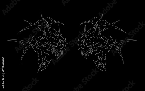 Symmetrical neo tribal skull vector with intricate, spiky patterns. Ideal for tattoos, apparel, decals, gothic and metal aesthetics