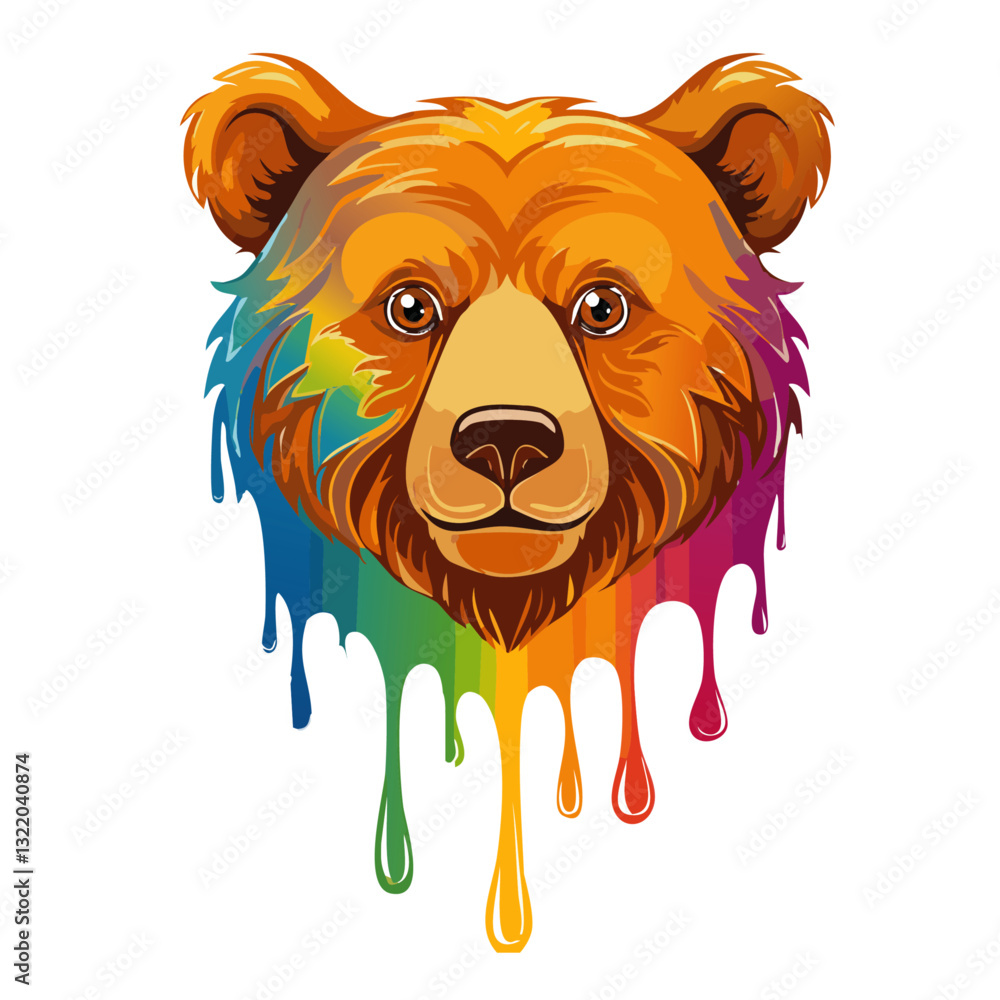 Portrait of a cute bear, dripping liquid colors vector icon design