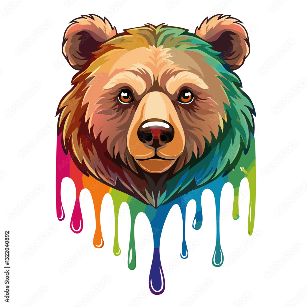 Portrait of a cute bear, dripping liquid colors vector icon design