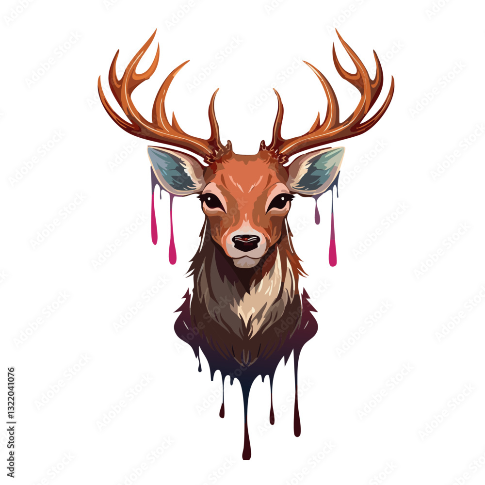 Portrait of a cute deer, dripping liquid colors vector icon design