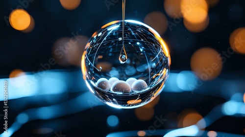 Crystal glass sphere with water drop and bokeh lights creating magical refraction effect against dark background with golden and blue highlights. photo