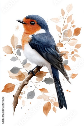 Colorful bird perched on branch surrounded by autumn leaves with subtle watercolor background