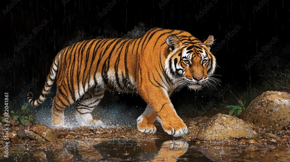 A tiger walking across a rain-drenched rock, its reflection shimmering in the water below. A tiger walking across a rain-drenched rock, its reflection shimmering in the water below.