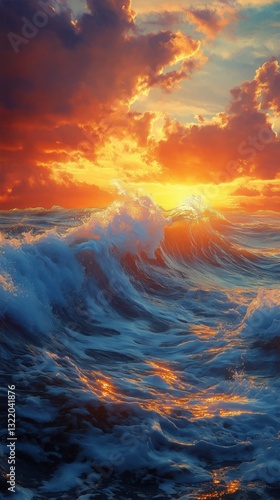 Vibrant Sunset Over Crashing Waves at the Ocean Horizon During a Dramatic Eve...