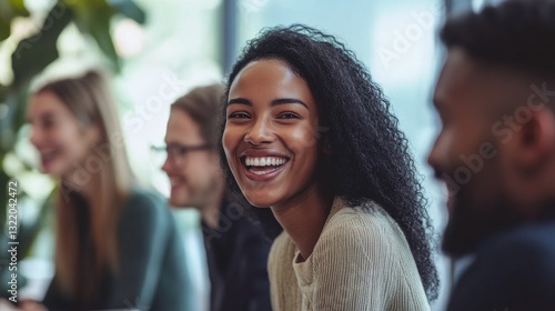 A woman with curly hair is smiling at the camera. She is surrounded by other people, some of whom are also smiling. Scene is happy and friendly