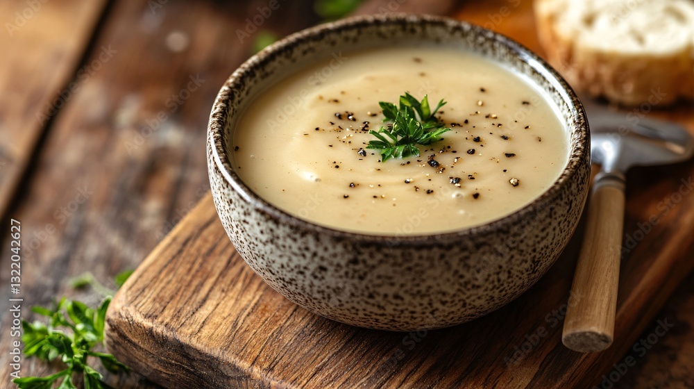 A rustic serving of homemade gravy, swirled in a small ceramic bowl, with a ladle resting beside it, placed on a wooden cutting board A rustic serving of homemade gravy, swirled in a small ceramic bowl, with a ladle resting beside it, placed on a wooden cutting board
