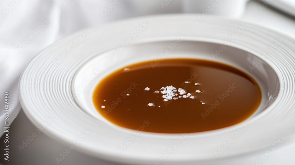 A single, elegant swirl of silky brown gravy on a white ceramic plate, with a tiny garnish of sea salt flakes A single, elegant swirl of silky brown gravy on a white ceramic plate, with a tiny garnish of sea salt flakes