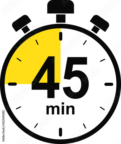 Stopwatch and Timer icon. 45 minutes countdown timer sign. Cooking time vector. Countdown timer symbol isolated on transparent background. Deadline related icon. Vector illustration.