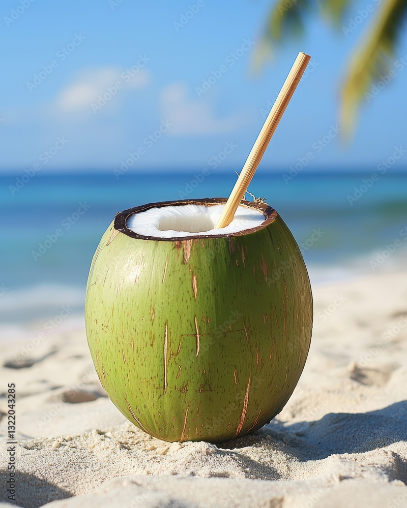 Fresh Green Coconut Drink on Tropical Beach with Straw and Sand Fresh Green Coconut Drink on Tropical Beach with Straw and Sand