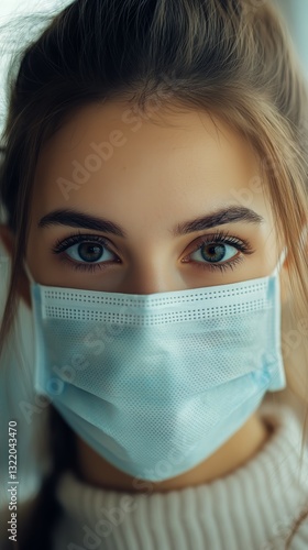 Young Woman With Blue Eyes Wearing a Face Mask Poses for a Selfie Indoors