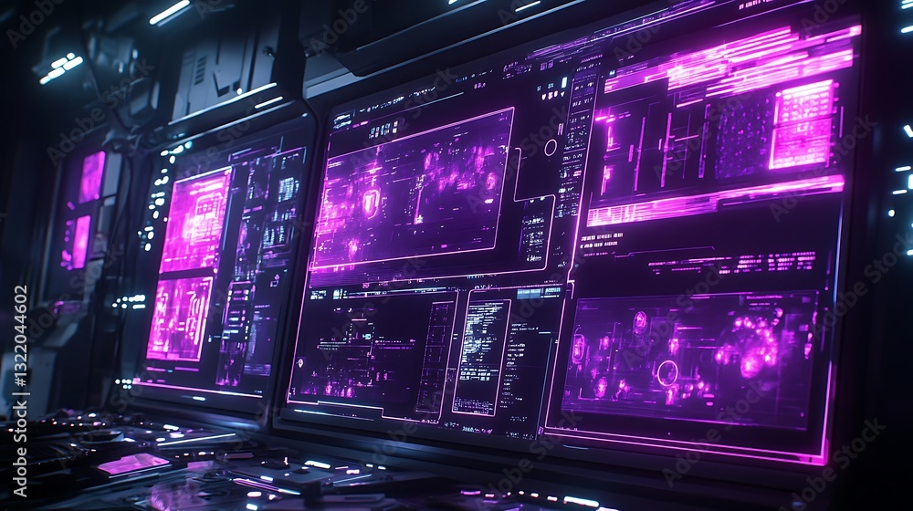 Obraz premium A high-tech interface with multiple floating touchscreens and neon purple lines