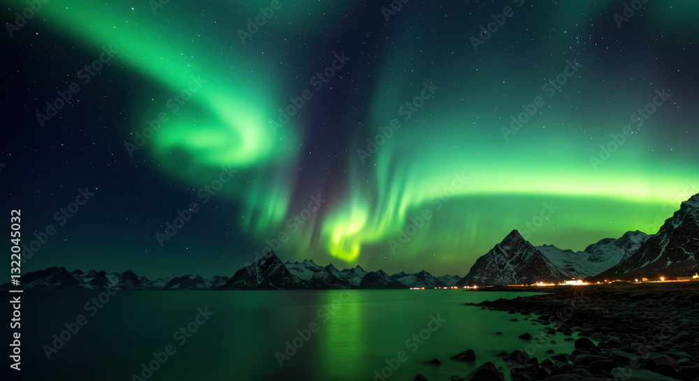 Mesmerizing Aurora Borealis: Green Northern Lights Dance Over Lofoten Islands, Norway - A Breathtaking Nightscape! Mesmerizing Aurora Borealis: Green Northern Lights Dance Over Lofoten Islands, Norway - A Breathtaking Nightscape!