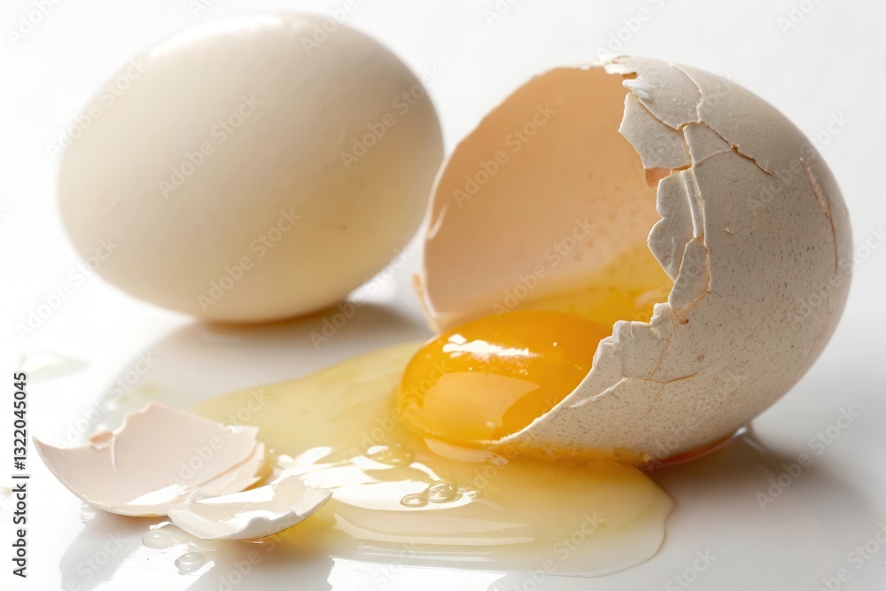 Cracked Egg With Yolk Spilling out Showcasing Vulnerability and Freshness on a Clean Surface Generative AI Cracked Egg With Yolk Spilling out Showcasing Vulnerability and Freshness on a Clean Surface Generative AI