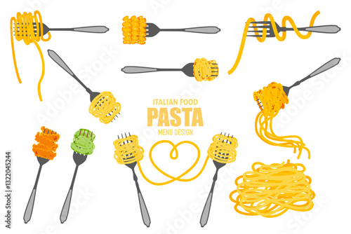 Delicious food vector illustration set. Italian food menu with different pasta styles. Pasta fork element. The set consists of a variety of different types of pasta wrapped around a white background.