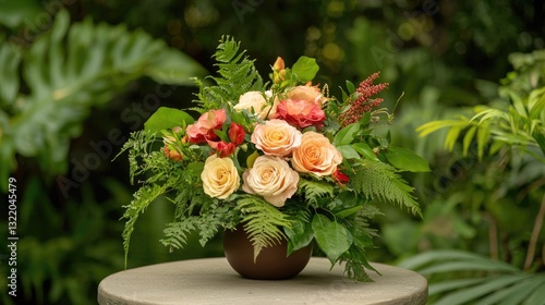 A well-balanced flower bouquet showcasing the harmony of warm-toned roses and lush greenery.