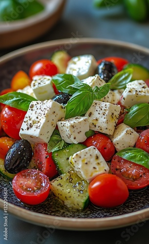 Fresh Vegetable Salad With Feta Cheese and Olives Served in a Rustic Bowl