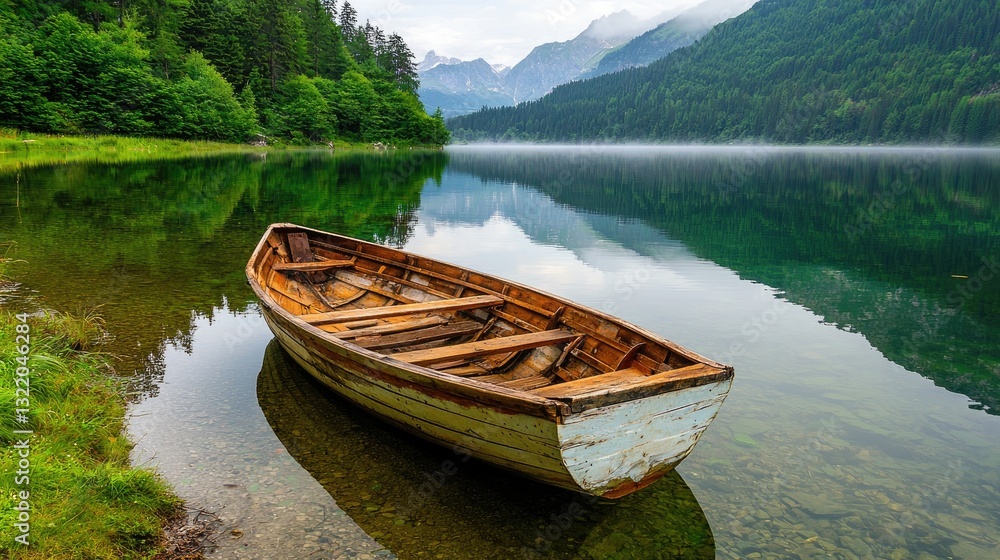 An old weathered wooden boat stranded at the misty edge of a serene mountain lake. An old weathered wooden boat stranded at the misty edge of a serene mountain lake.