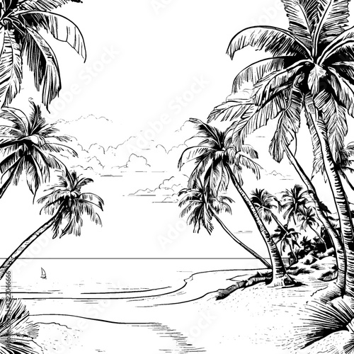 Tropical beach illustration with palm trees. The scene is a black and white sketch featuring a tranquil shore.