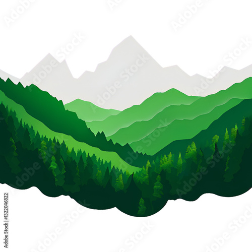 A landscape graphic shows forested green mountains in the foreground and faded gray mountains in the background. The lush valleys have a variety of trees.