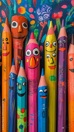 Colorful Pencils With Happy Faces Arranged in an Artistic Display for Childre...