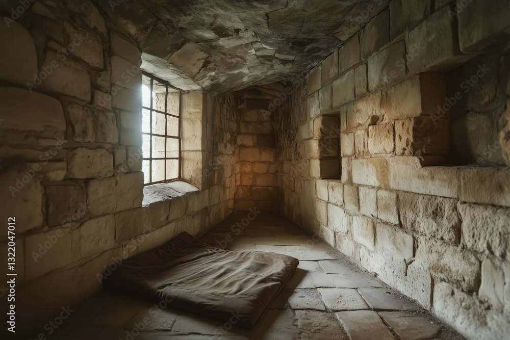 Ancient, Narrow Stone Room with Metal Bars on Window Ancient, Narrow Stone Room with Metal Bars on Window