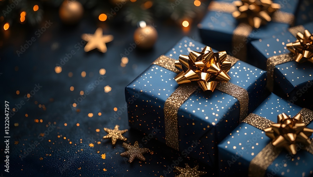 Holiday's Wrapped: A collection of intricately wrapped gifts, adorned with elegant gold bows and embellishments, sparkles against a softly illuminated backdrop, setting a festive mood. Holiday's Wrapped: A collection of intricately wrapped gifts, adorned with elegant gold bows and embellishments, sparkles against a softly illuminated backdrop, setting a festive mood.