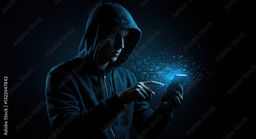 Cyber Hacker: Hoodie Figure Exploiting Digital Data on Smartphone - Security, Privacy, Network Breach Cyber Hacker: Hoodie Figure Exploiting Digital Data on Smartphone - Security, Privacy, Network Breach