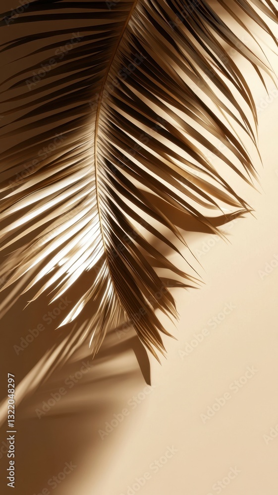 Fototapeta premium Golden abstract tropical palm leaf and elegant shadow on neutral background, evoking tropical luxury casting summer serenity