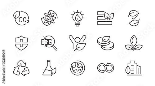 ESG line icon set. Social governance, risk, ecology, Environmental, Social, and Governance, solar panels, recycling, green city, net zero, financial performance line icon set. UI thin line icon pack.