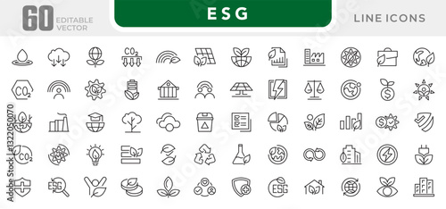 ESG line icon set. Social governance, risk, ecology, Environmental, Social, and Governance, solar panels, recycling, green city, net zero, financial performance line icon set. UI thin line icon pack.